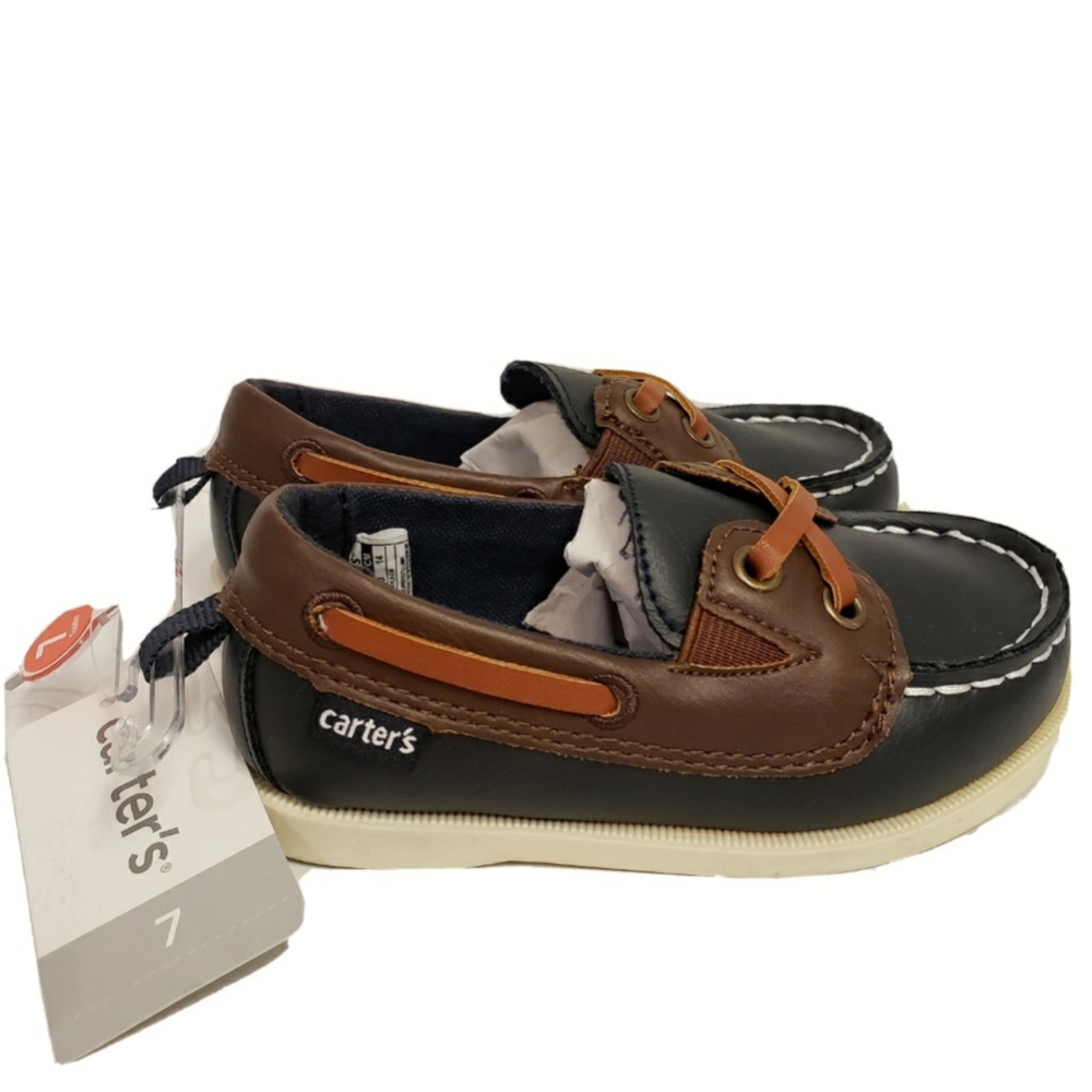 NEW Carters Navy & Brown Boat Shoes Slip On Loafers Toddler Boys Size 7c